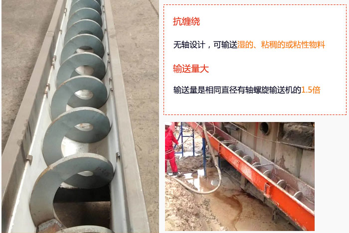 WLS無軸螺旋輸送機輸送量大是相同直徑有軸螺旋輸送機的1.5倍，抗纏繞性好，無軸設計，可輸送濕的、粘稠的或粘性物料。